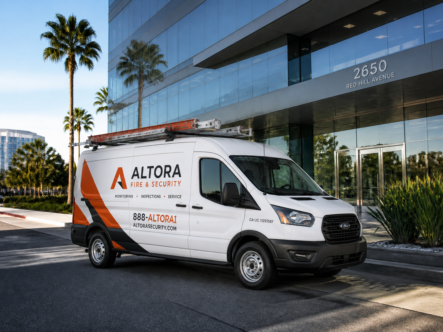 Altora Security branded service van at a California commercial property